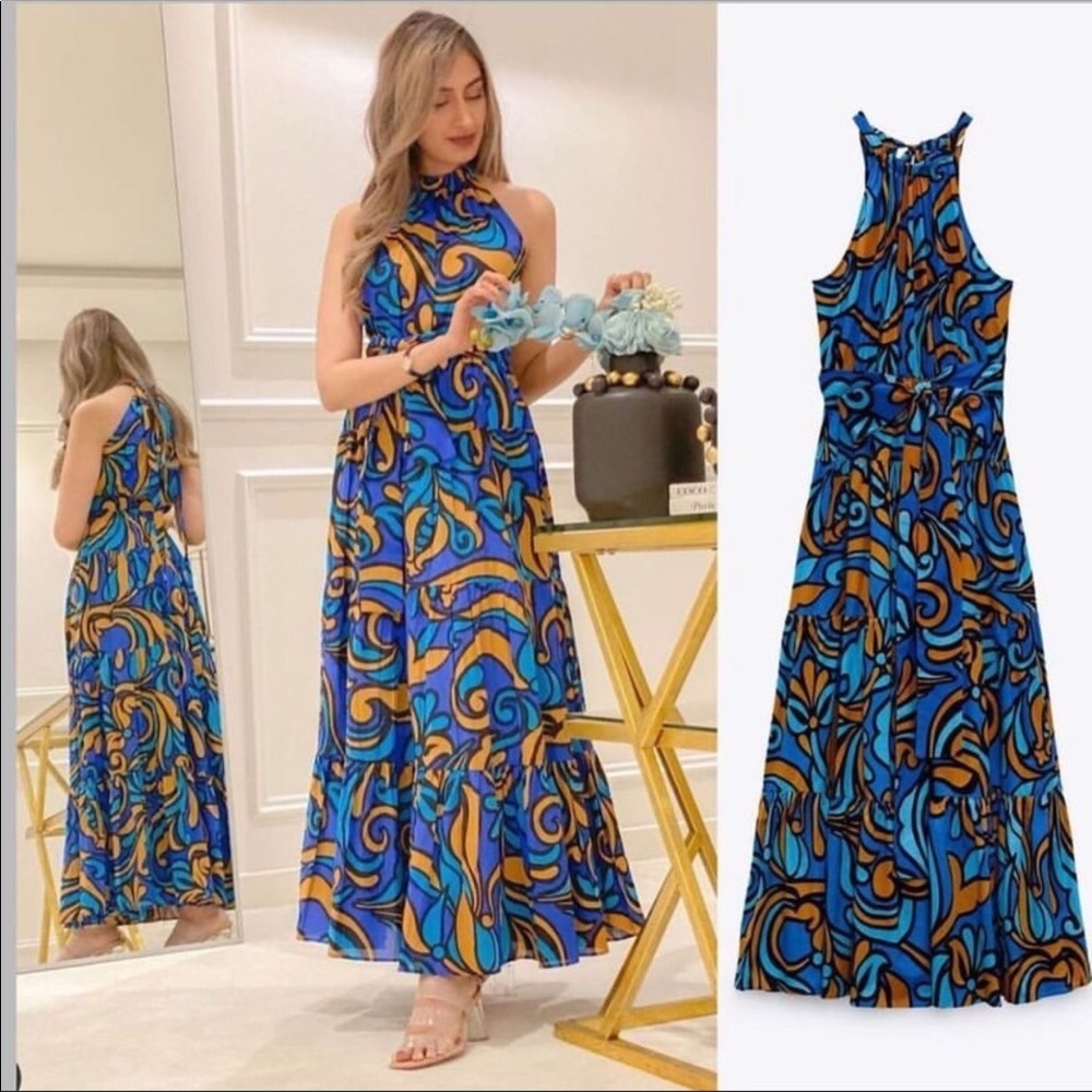 New Zara Maxi Dress Blue Orange - Picture 15 of 15